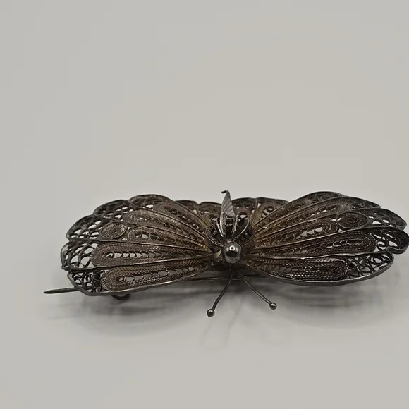 VTG Silver Filigree Butterfly Brooch Pin Pendant 1950s-60s Mid Century Jewelry - Picture 2 of 11